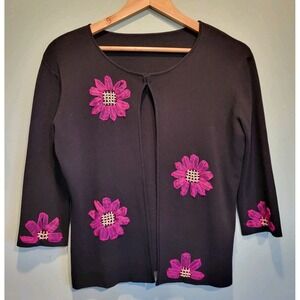 Whimsigoth Black Purple Embroidered Floral 3/4 Sleeve Cardigan Sz S